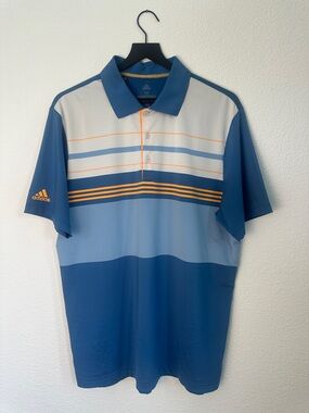 adidas Blue and White Striped Performance Polo with Orange Accents